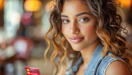 A woman is happily posing for the camera with a credit card in her hand, showing a smile on her faceの素材