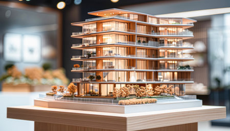 An architectural model of a building is displayed on a wooden table, illustrating urban design and retail conceptsの素材