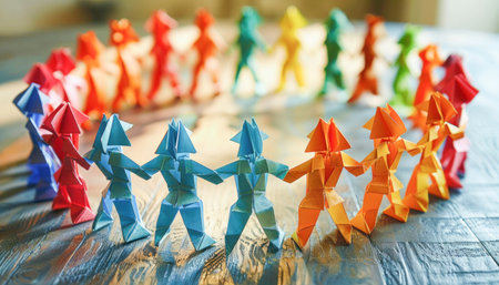 Colored origami figures of people holding handsの素材