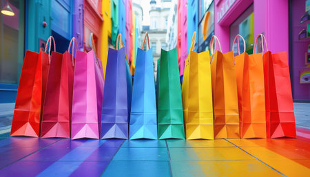 Colorful shopping bags on the rainbow sidewalk create a vibrant display of cheerful colors and a lively atmosphereの素材