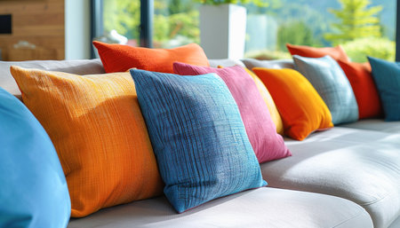 A lively living room featuring a comfortable couch embellished with bright pillows for both coziness and fashionの素材
