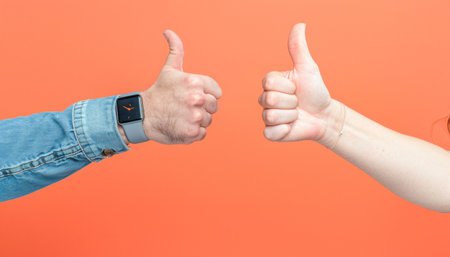 A man and a woman are communicating using hand gestures, approving each other with a thumbsup signの素材