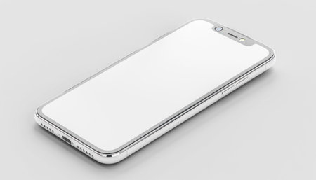 A white cell phone with a blank screen on a gray surface, showcasing its minimalist design and modern aesthetic appealの素材