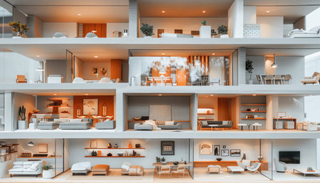 A detailed replica of a building featuring rooms, balconies, and various architectural design elements on displayの素材