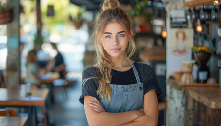 In a restaurant, a confident woman in an apron stands with arms crossed. She appears happy and assuredの素材