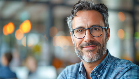 A man with glasses and beard smiles in dress shirt, posing for a photo, looking pleased with his facial hairの素材