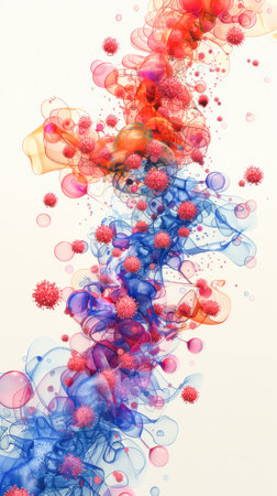 Red, blue, and purple ink create a mesmerizing swirl of colors on a white canvas, resembling a beautiful danceの素材