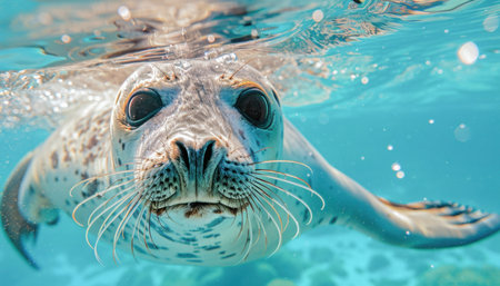 A seal is gracefully swimming in the ocean, gazing at the camera, displaying a connection with marine lifeの素材