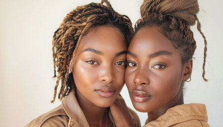 Two women are standing close together, with one looking at the camera and smiling, showing happiness and joyの素材