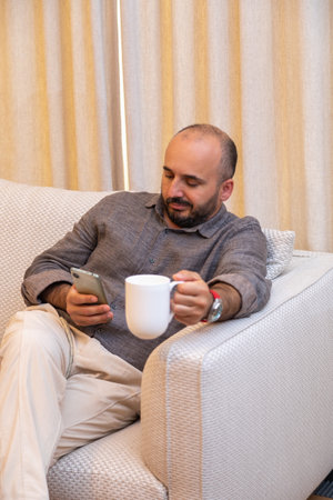 A person in a cozy environment with a phone and a cup of coffeeの写真素材