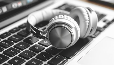 A pair of headphones are resting on a laptop keyboard with setuprelated keywords visible in the imageの素材
