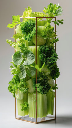The botanical arrangement includes a variety of green produce, like leafy greens and celery, in a decorative vaseの素材