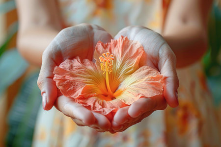 The hibiscus flower is gently held in the palms of your hands.の素材