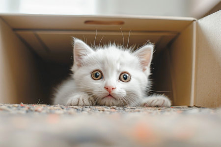 A small white kitten playfully peeks out from a cardboard box with a look of curiosity and adorablenessの素材