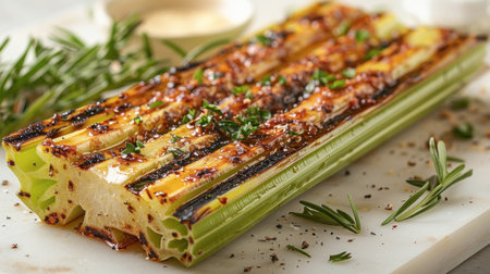 A closeup shot showcases grilled celery on a wooden cutting board, capturing its details beautifullyの素材