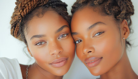 Two women are standing together facing the camera. One of them appears to be smiling, showing a happy gestureの素材
