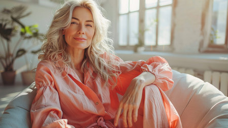 A woman is smiling in a pink dress while sitting on a bean bag chair in a room with plants and a windowの素材