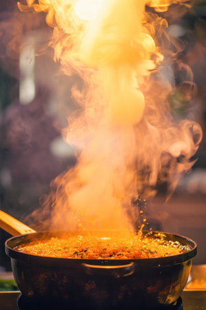 Food cooks on a stove with flames. Keywords Flame, Fire, Cuisine, Heat, Cooking, Gas, Dish, Event, Pollution, Cookwareの素材