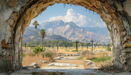 The scenery showcases a serene cemetery viewed through an arch with majestic mountains in the distanceの素材