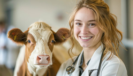 A female veterinarian looks happy as she carries a brown and white dairy cow in her arms during an eventの素材