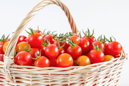 A wicker basket filled with vibrant red and yellow tomatoes, perfect for cooking or snacking, is showcasedの素材