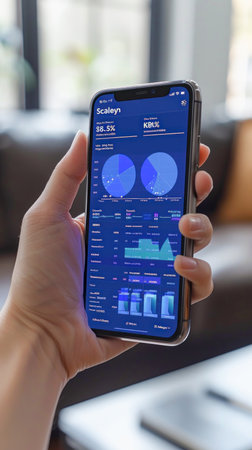 The individual is using a mobile phone displaying a dashboard on the screen for communication purposesの素材