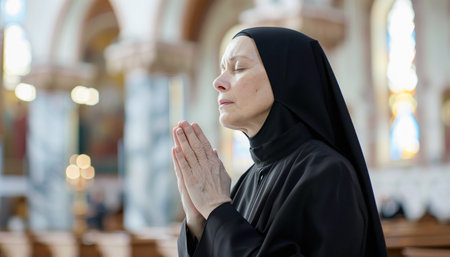 Inside a church, a nun prays with closed eyes, emanating a peaceful and serene expression of devotionの素材