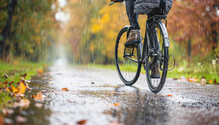 A person cycles on a wet road in the rain with a bike, water, wheels, tires, frame, and natural sceneryの素材
