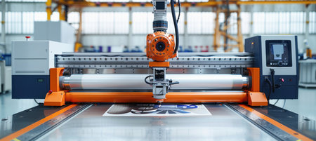 During a factory event, a machine equipped with metal tools is cutting a piece of paper using a machine toolの素材