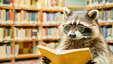 In the library, a raccoon with glasses is engrossed in a book, sitting calmly and undisturbed without any disruptionsの素材