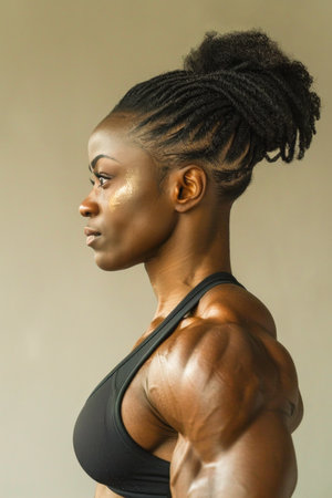 The woman with dreadlocks showcases her physical power in a black tank top, revealing her muscular buildの素材