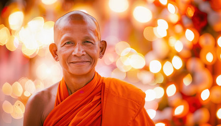 A happy monk in an orange robe with a smiling expression embodies joy and tranquility in front of a blurry backgroundの素材