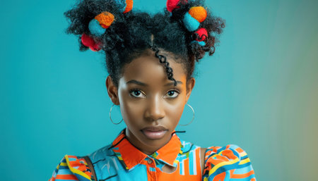 A young woman with two buns in her hair is stylish and happy, wearing a colorful dress and earrings at an eventの素材