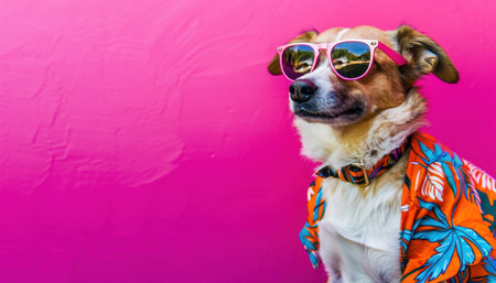 A stylish dog in sunglasses and a Hawaiian shirt poses on a pink background, radiating charm and coolnessの素材