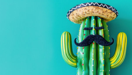 Visualize a cactus wearing a sombrero and mustache set against a blue backdrop, creating a quirky and artistic imageの素材