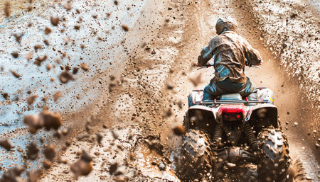 A man drives an offroad vehicle on a rugged dirt trail, facing challenges as he navigates the rough terrainの素材