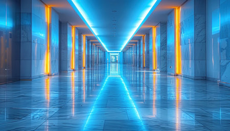 The hallway is lit by blue and orange lights on walls and ceiling, creating a striking visual effectの素材
