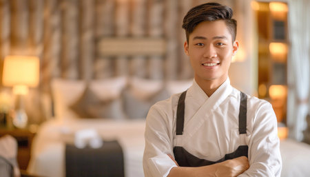In a hotel room, a serious young man stands with crossed arms, wearing an apron and a dress shirt but not smilingの素材