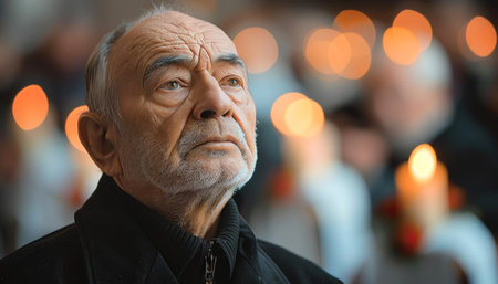 An elderly man with a white beard is happily standing in front of a group of people at an event with flash photographyの素材