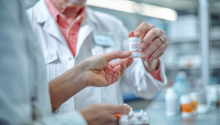 In a pharmacy, a pharmacist is extending a bottle of pills to a woman for her to take, with a focus on the hand gestureの素材