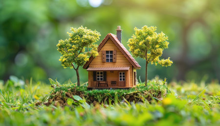 A small model house stands on a lush green field in a natural setting, surrounded by beautiful natureの素材