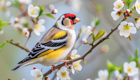 The multicolored female of the European goldnose or Carduelis carduelensis is a bird with incredibly bright plumage, sitting on a branchの素材