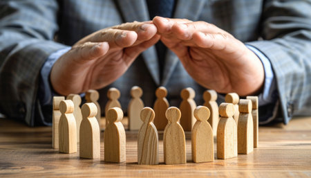 On a table, a man is protecting a group of wooden figures with his hands, ensuring their safety and careの素材