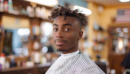 In a barber shop, a young man is happily getting his hair cut, dressed in formal wear, smiling with facial hairの素材