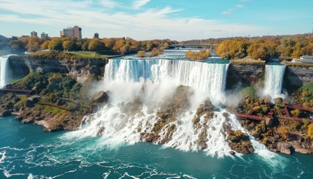 An aerial view of Niagara Falls in Canada on a sunny day, showcasing its majestic beauty and natural landscapeの素材