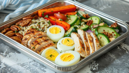 A tray contains a variety of food items such as chicken, eggs, carrots, cucumbers, and rice for a mealの素材