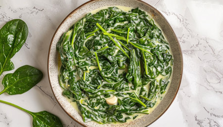 A bowl of fresh spinach topped with creamy garlic sauce placed on a dining table for a delightful mealの素材