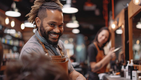 A man is smiling as he gets a haircut at a barbershop, enjoying the experience with a happy expressionの素材