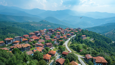 An aerial view showcasing a charming small village surrounded by majestic mountains and scenic beautyの素材