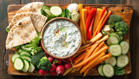 Fresh vegetables on cutting board with dip, key for healthy recipe, featuring natural whole food cookingの素材